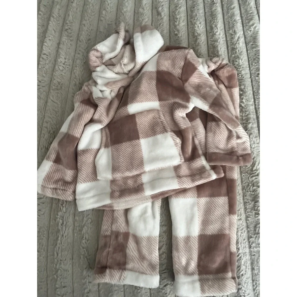 Set Kids Tan White Buffalo Plaid Fleece Pajama Set Hooded Pullover and Pants 2pc